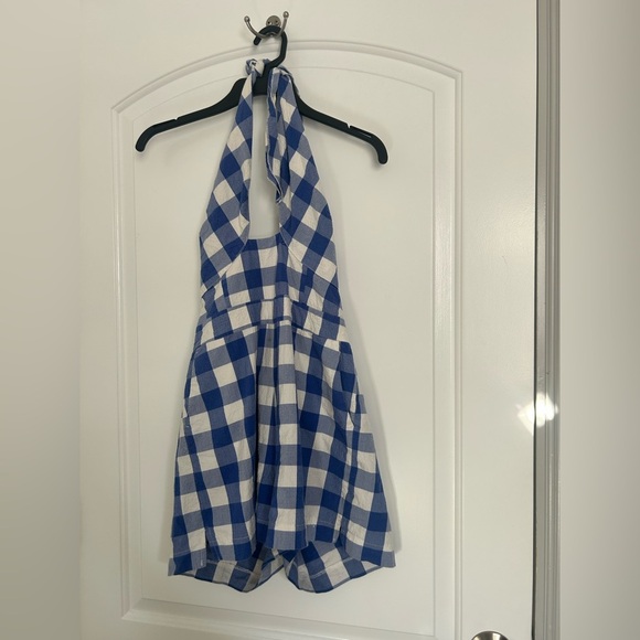Maeve Anthropologie Halter Micro-Mini Blue Gignham romper size 6 preppy plaid - Picture 5 of 16